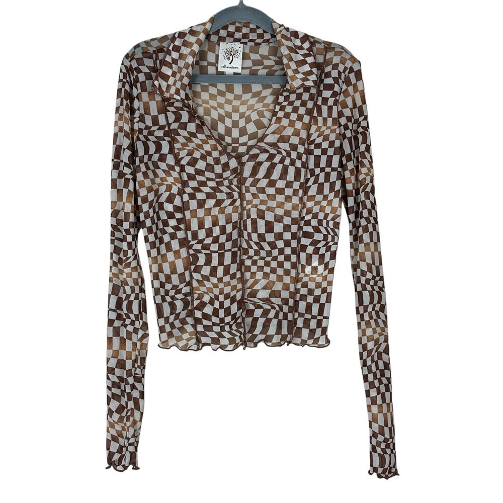 Self Esteem Mesh Top Womens XS Brown White Checker Sheer Psychedelic Y2K Retro